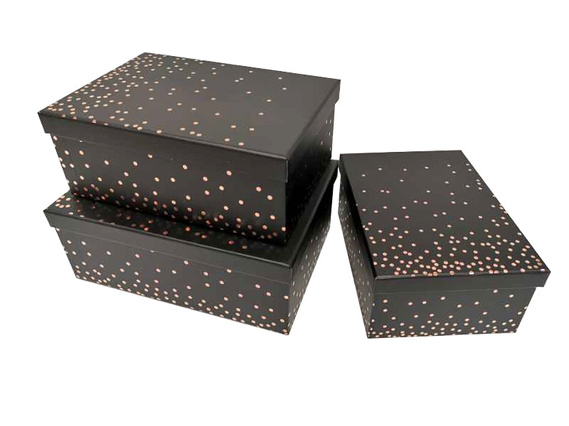 Set of eighteen black gift boxes with rose gold foiled detail