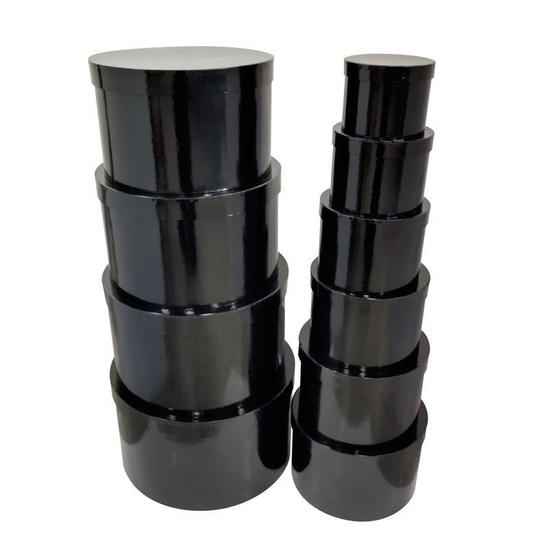 Set of ten round black hat gift boxes in nesting sizes