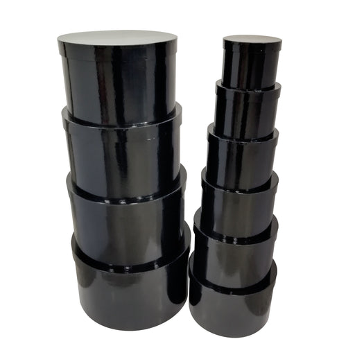Set of ten round black hat gift boxes in nesting sizes