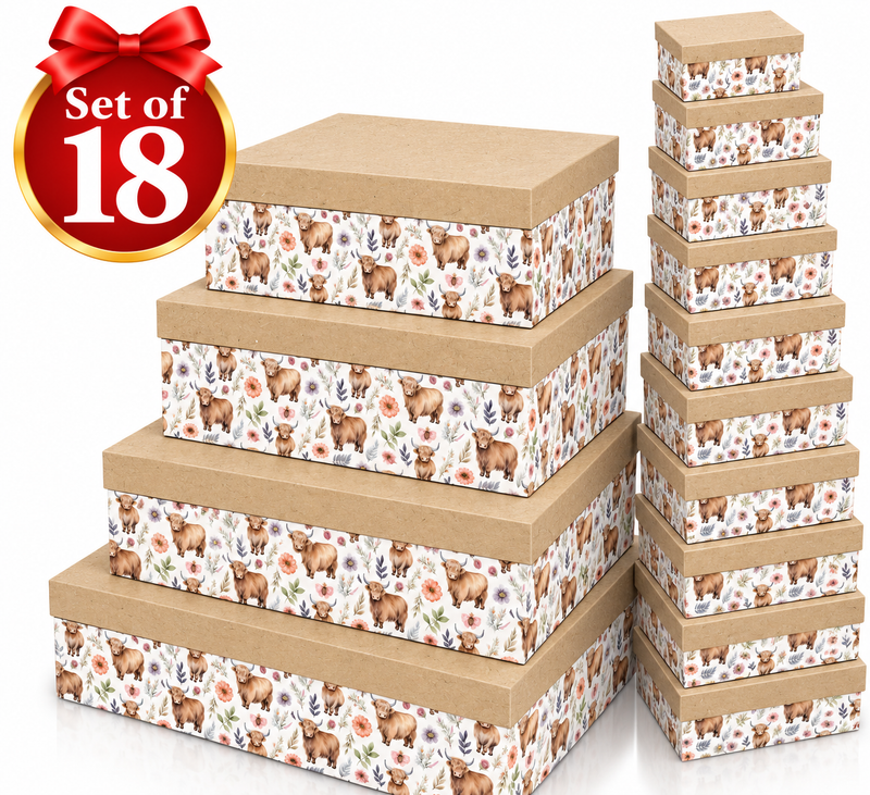 Elegant Cow Pastures themed gift boxes in a coordinated set of 18