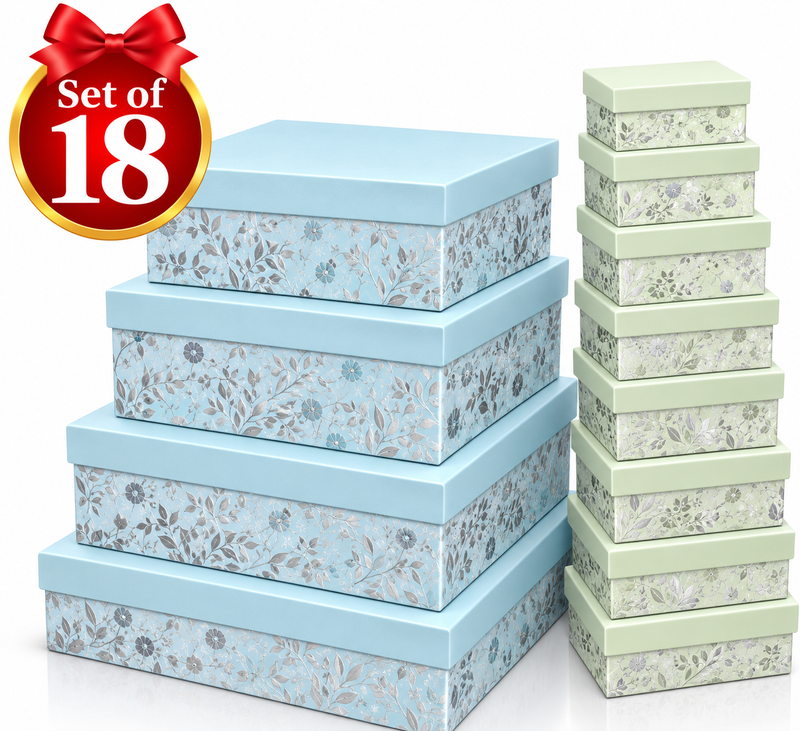 Silver foiled floral gift boxes in a set of 18 with two assorted colours