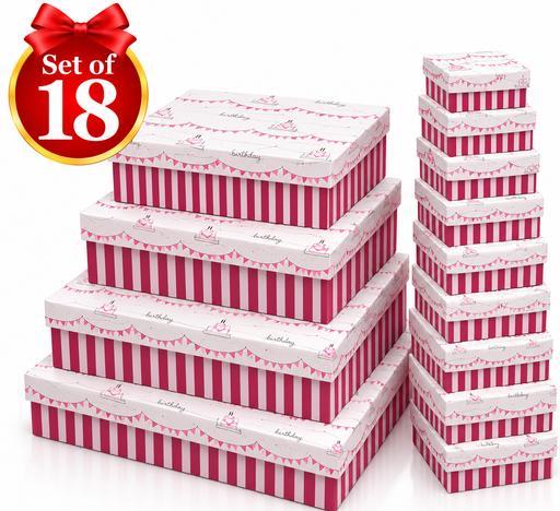 Happy Birthday striped gift boxes in a set of 18 with two assorted colours
