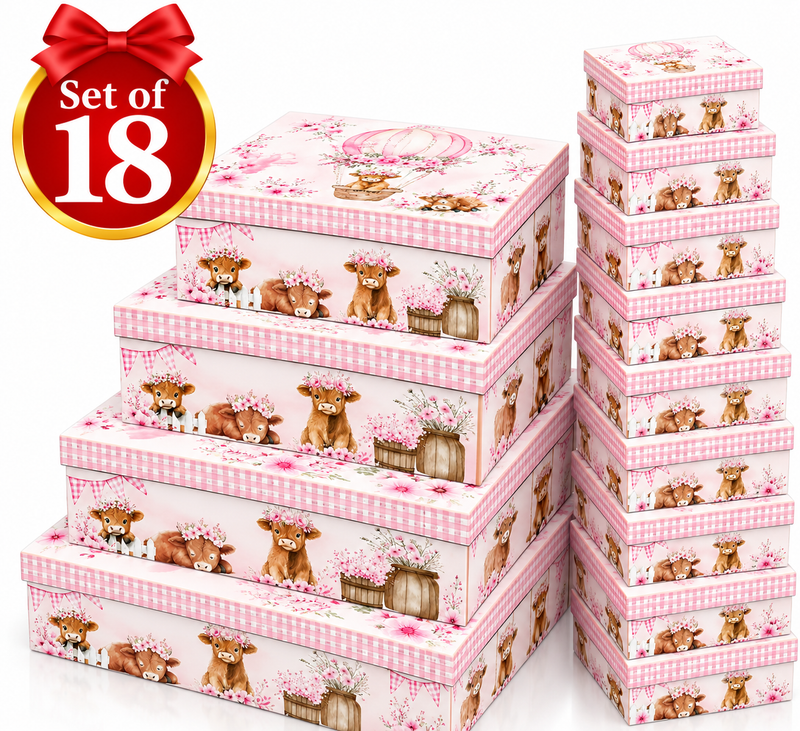 Pink Highland cow themed gift boxes in a set of 18