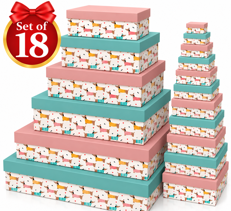 Playful Dachshund gift boxes in a set of 18 featuring two assorted designs