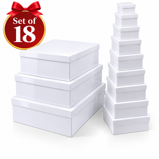 White gloss rectangular gift boxes in a coordinated set of 18