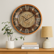 46cm bronze round industrial wall clock with exposed moving cogs and Roman numeral display