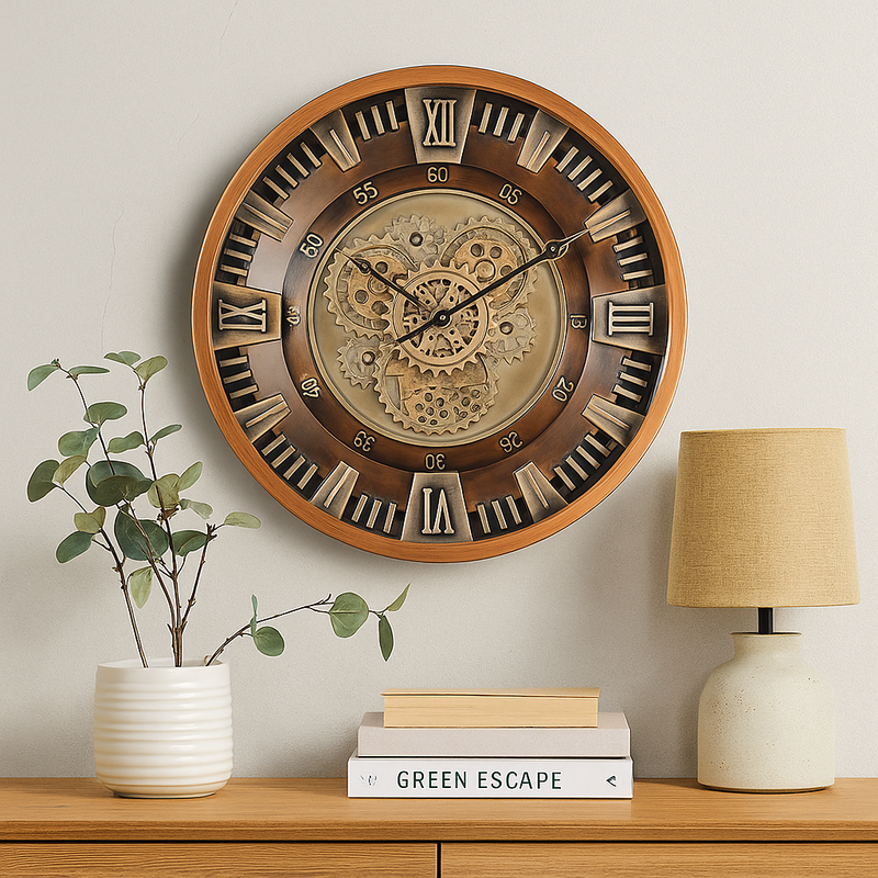 46cm bronze round industrial wall clock with exposed moving cogs and Roman numeral display