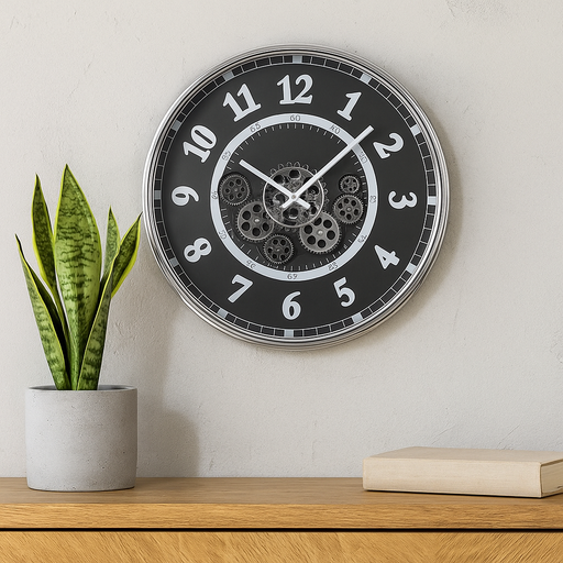 54cm round silver and black wall clock with real moving cogs and Roman numerals in modern industrial style