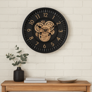 46cm round black wall clock with exposed moving cogs and Roman numeral design