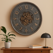 66cm charcoal round wall clock with exposed moving cogs and large Roman numeral design