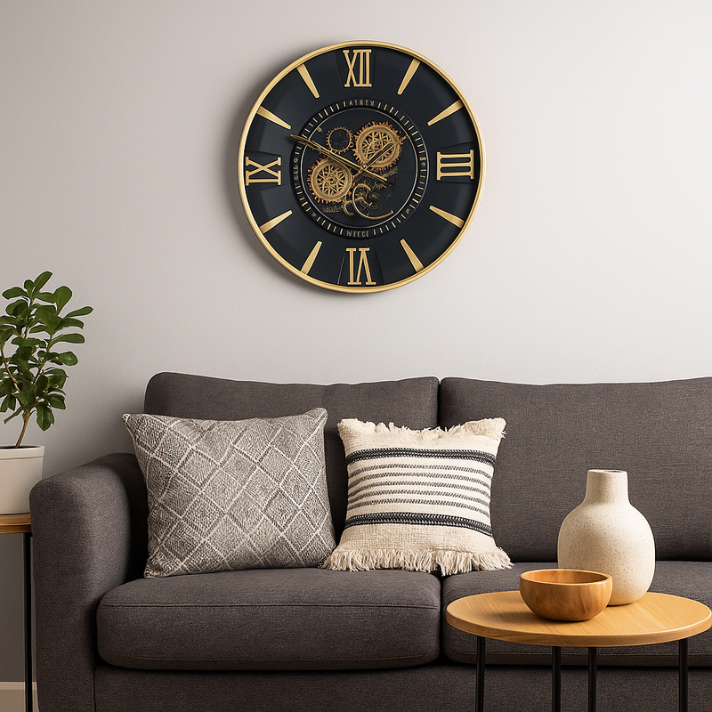 60cm round wall clock with gold frame, black face, and real moving cogs in modern industrial style