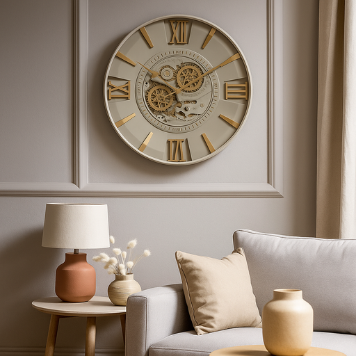 60cm ivory round wall clock with gold exposed moving cogs and Roman numerals in vintage style
