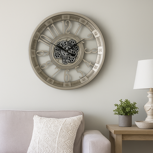 80cm round silver industrial wall clock with exposed moving cogs and Roman numerals