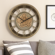 46cm silver round wall clock with exposed gold moving cogs and Roman numerals in industrial style