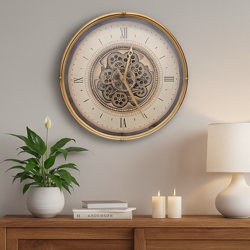 Round 60 cm Wall Clock in Gold and Cream with Moving Exposed Gears – Modern Industrial Design