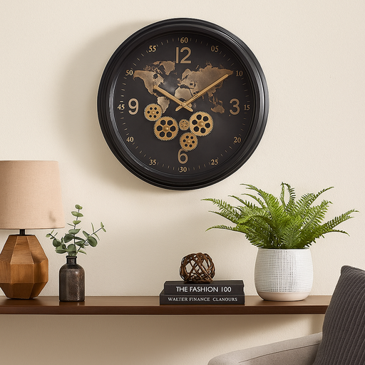 53cm round black wall clock with exposed gears and world map design in industrial style