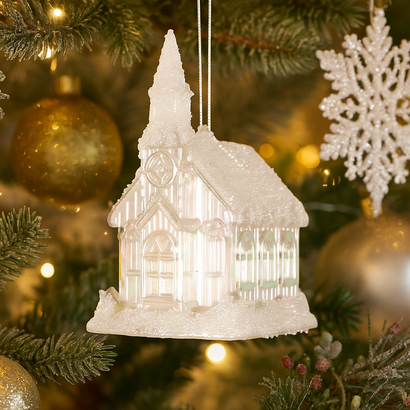 White pearl finish acrylic chapel ornament, 2.7x5.8x10cm, for Christmas tree décor