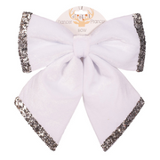 White velour Christmas bow with silver glitter detail, 30x35cm holiday decoration