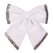 White velour Christmas bow with silver glitter detail, 30x35cm holiday decoration