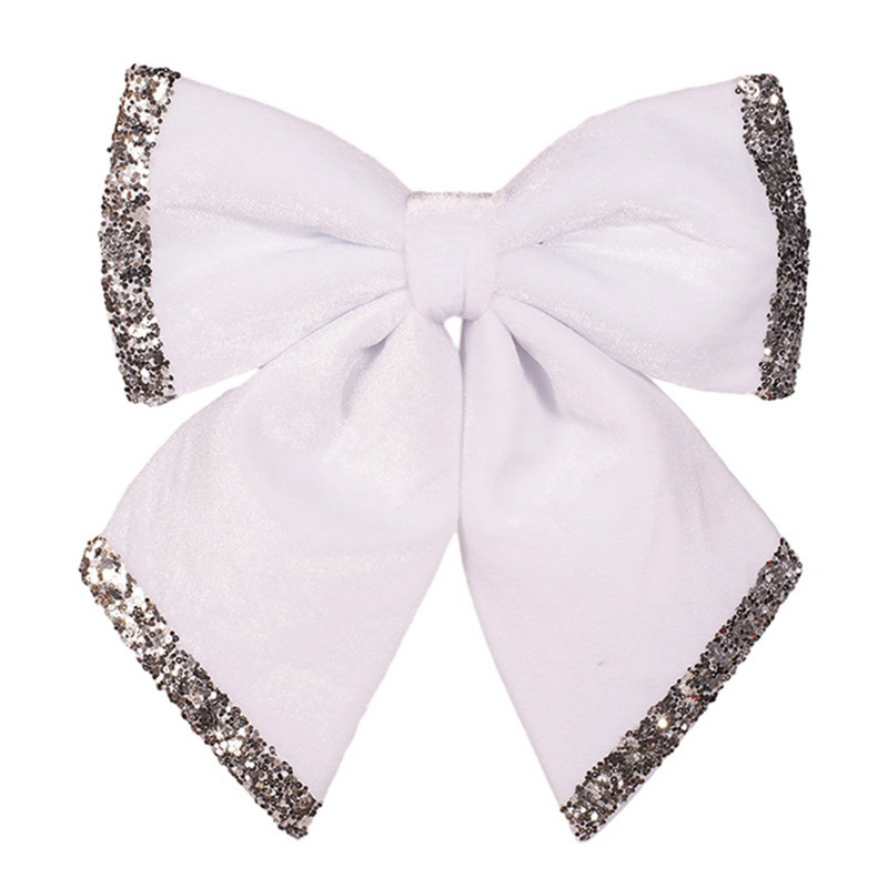 White velour Christmas bow with silver glitter detail, 30x35cm holiday decoration