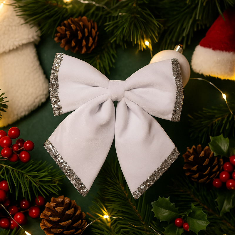 White velour Christmas bow with silver glitter detail, 30x35cm holiday decoration