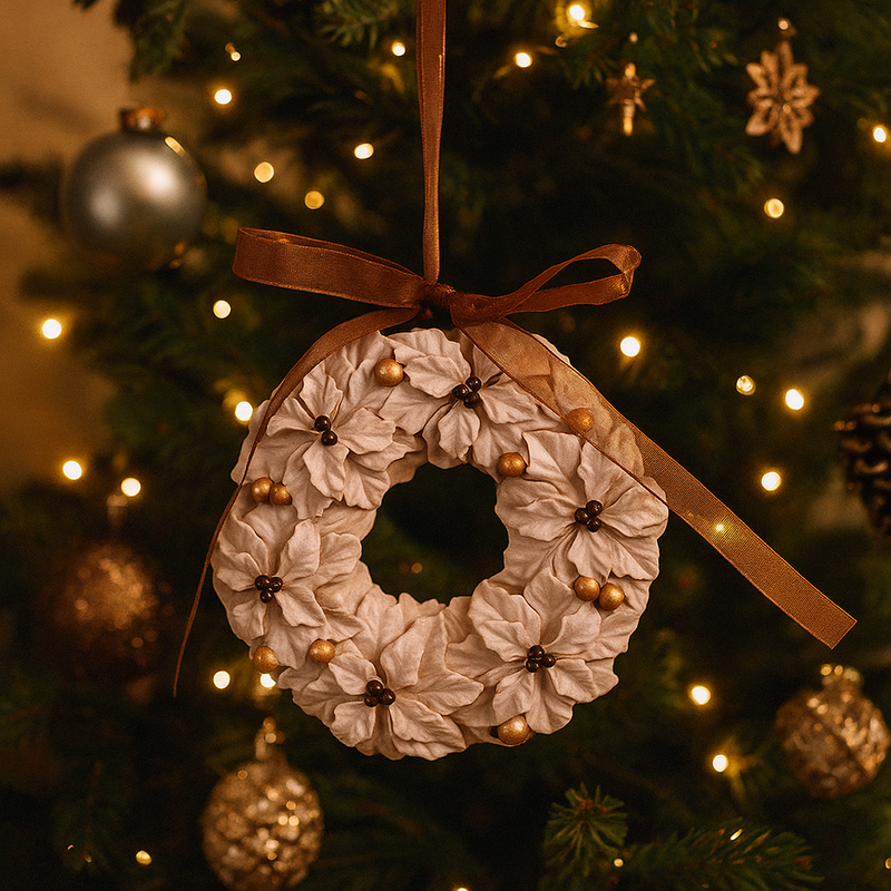 White wreath-shaped polyresin Christmas tree ornament, 8x1.5x8cm.