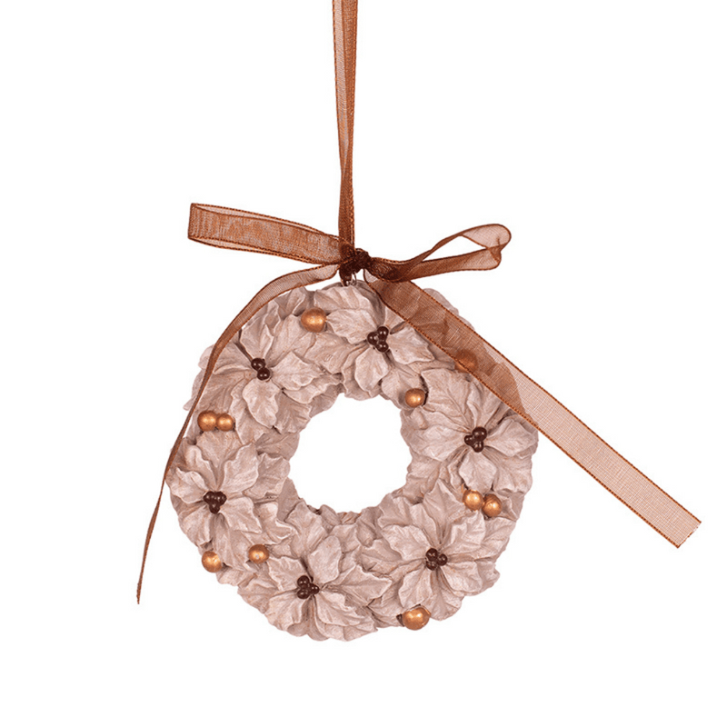 White wreath-shaped polyresin Christmas tree ornament, 8x1.5x8cm.
