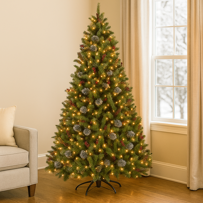 The 7.5ft Wintery Pine Christmas Tree with built-in warm white twinkle lights and frosted pine branches. A stunning pre-lit tree perfect for cozy, festive spaces.