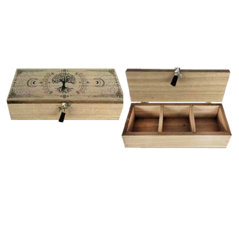 Ronis Wooden Astrology Zodiac 3 Compartment Boxes with Tassle and Moon Phase Beaded Details 24.3x9.3x6.5cm Assorted
