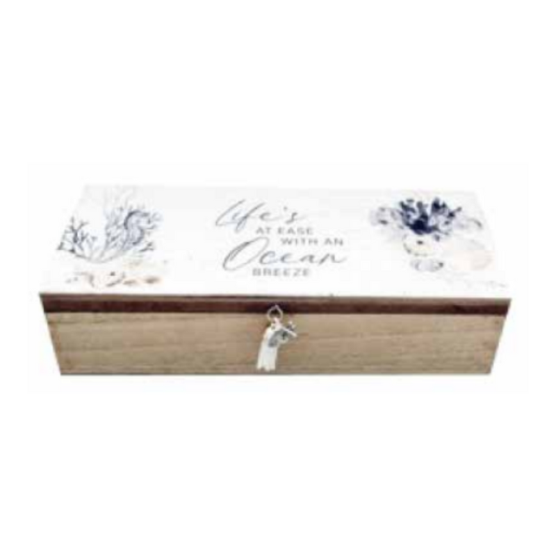 Wooden beach quote 3 compartment storage box with tassel and bead 24.3x9.3x6.5cm assorted coastal organiser