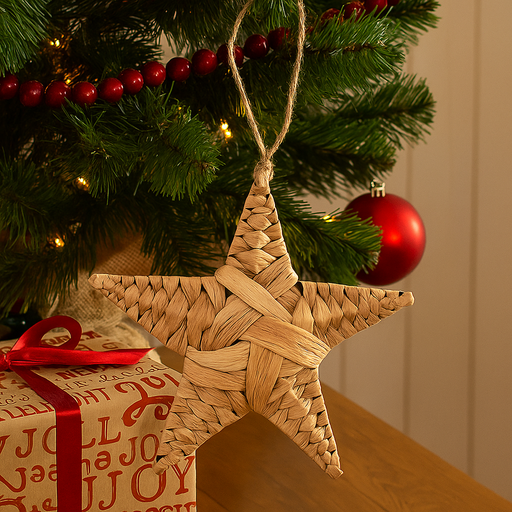 Natural handwoven 18cm star ornament made from water hyacinth for Christmas tree decoration.