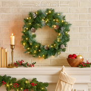 61cm green Bayville Pine Christmas wreath with warm white LED lights for door or wall décor