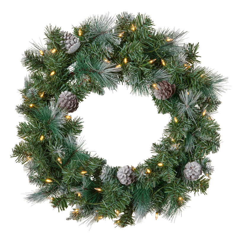 61cm green Bayville Pine Christmas wreath with warm white LED lights for door or wall décor