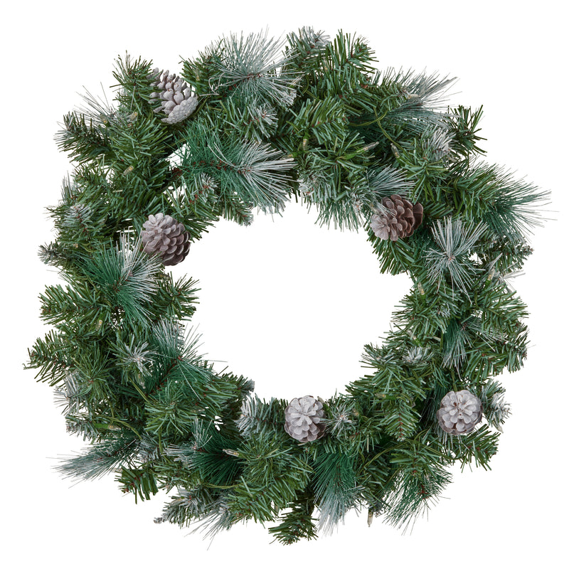 61cm green Bayville Pine Christmas wreath with warm white LED lights for door or wall décor