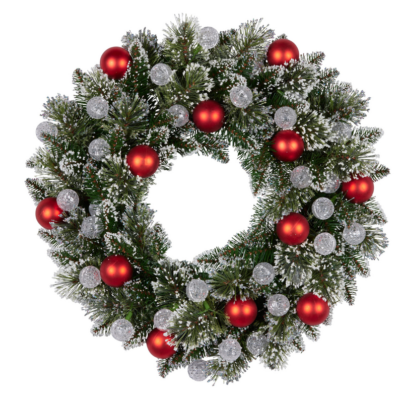 61cm snow-frosted Christmas wreath with warm white LED lights and bristle pine foliage