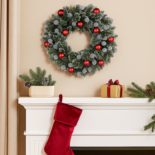 61cm snow-frosted Christmas wreath with warm white LED lights and bristle pine foliage