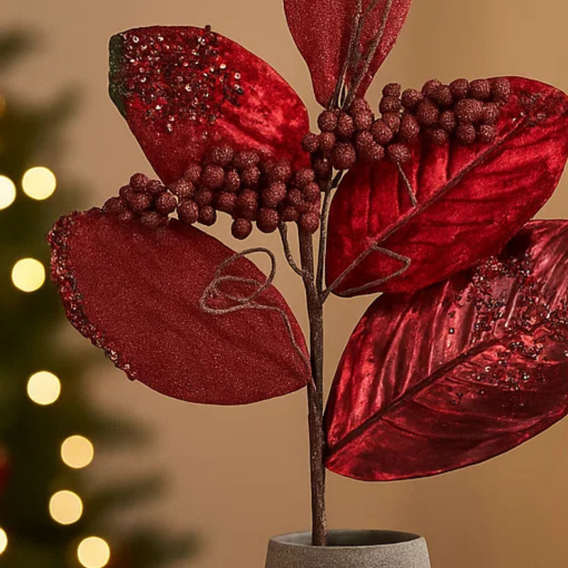Magnolia Glitter Leaf Stem Red 61cm