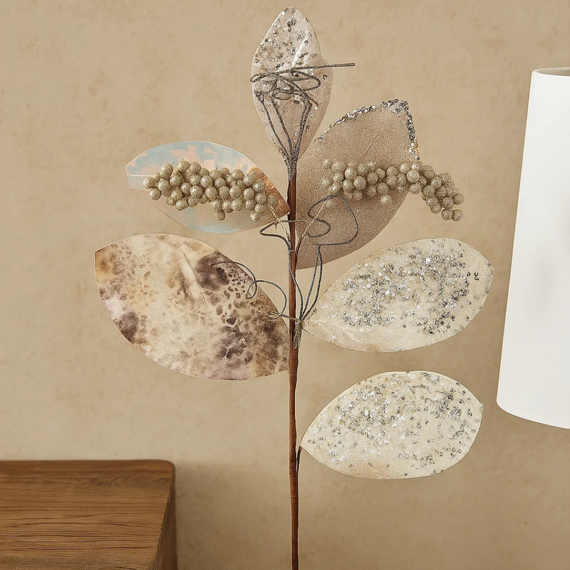 Magnolia Glitter Leaf Stem Ivory 61cm