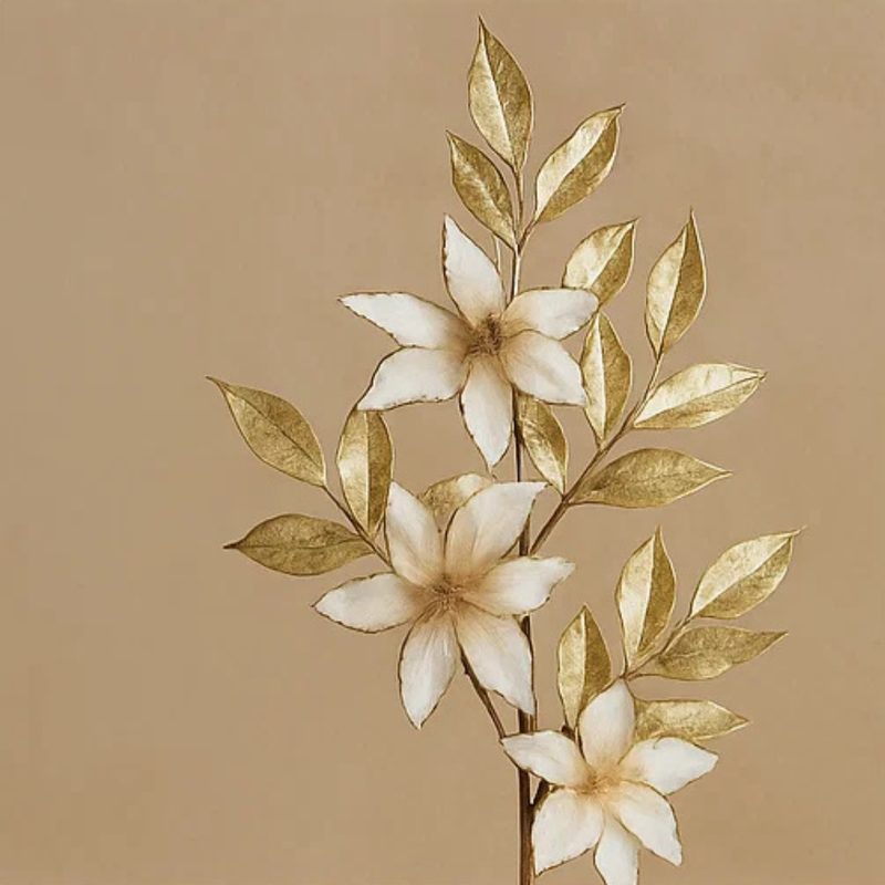 Magnolia Leaf Stem Ivory and Gold 80cm