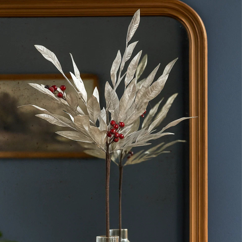 Pewter Leaf Stem with Berries Red 65cm