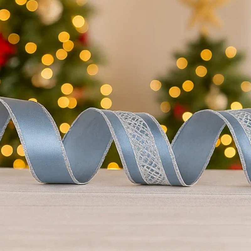 Luxe Embroidery Double Sided Wire Edge Tree Ribbon Silver 10cmxX10m