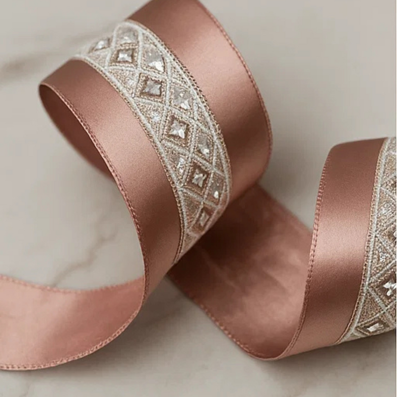 Embroidered Double Sided Wire Edge Tree Ribbon Champagne 10x800cm