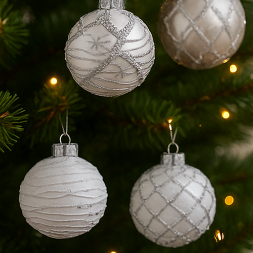Decorative silver ornaments on a Christmas tree with blurred lights in the background