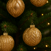 Gold textured Christmas ornaments on a tree with blurred lights in the background
