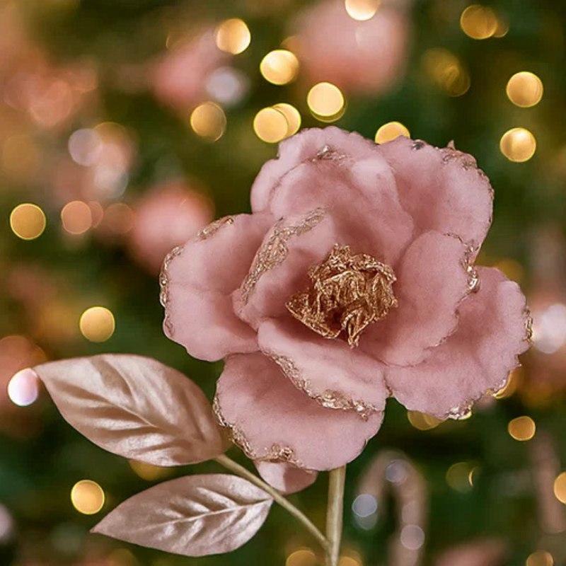 Pink Velour Rose with Rose Gold Leaves