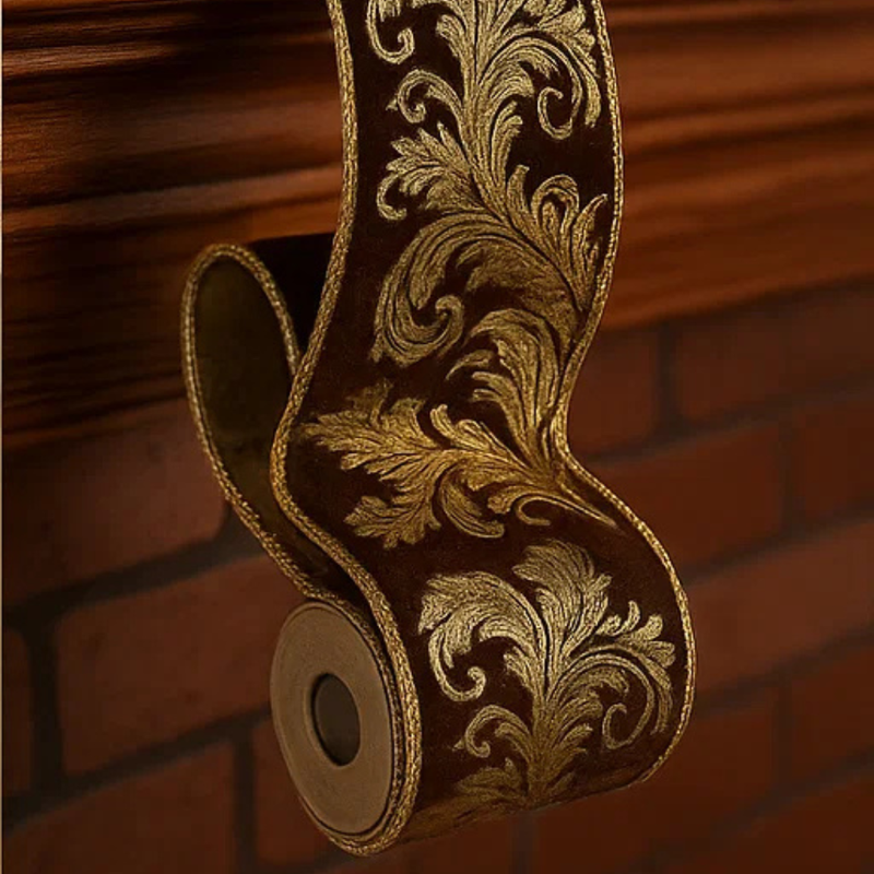 Ribbon with Gold Leaf Embroidered Design Chocolate Velvet 10x500cm