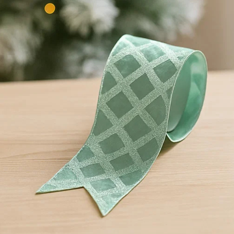 Velvet Ribbon with Diamond Design Wire Edge Mint 10x500cm