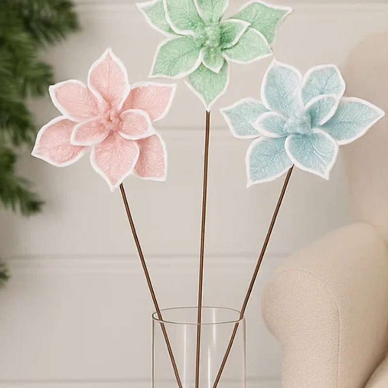 Fairy Floss Poinsettia 25cm with Stem (Pink, Mint, Blue) 50cm