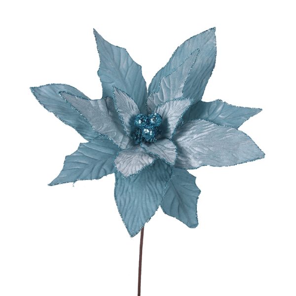 Pale Blue Velour Poinsettia W/ Stem 50cm