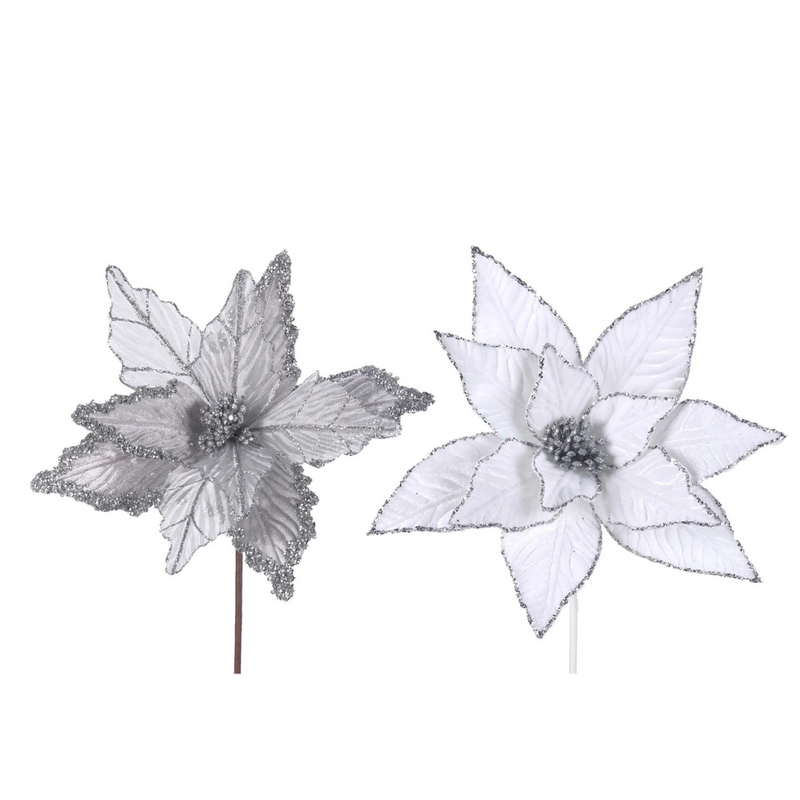Poinsettia 31cm W/ 50cm Stem 2 Asstd (Silver, White)